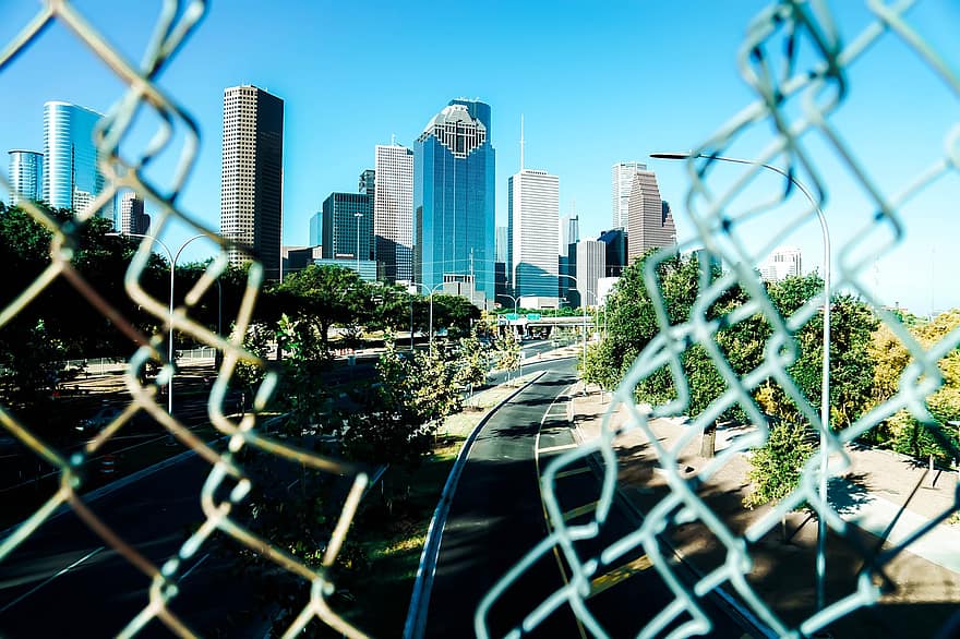 ciutat, edificis, carretera, gratacels, horitzó, modern, centre de la ciutat, urbà, dia, Houston, texas