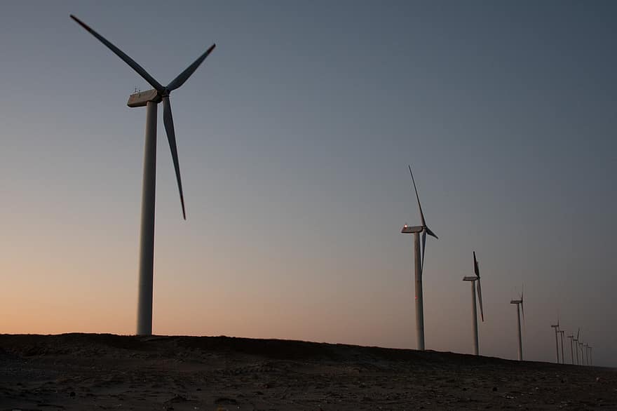 moinho de vento, Parque eólico, por do sol, turbinas eólicas, Estação de energia eólica, usina de energia eólica, panorama, campo, Geração de energia eólica, energia renovável, crepúsculo
