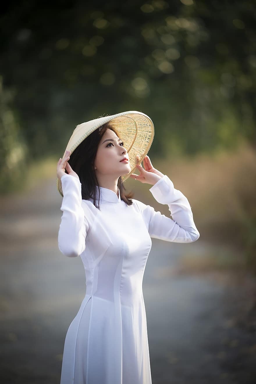 ao dai, moda, dona, vietnamita, Blanc Ao Dai, Vestit nacional del Vietnam, Barret de Vietnam, barret cònic, tradicional, roba, bonic