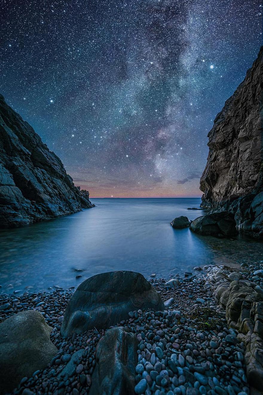 Suécia, de praia, via Láctea, estrelas, vista do mar, natureza, noite, mar, céu noturno, galáxia, astronomia