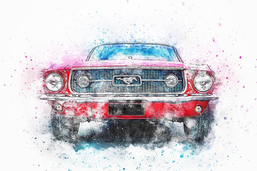 Car, Old Car, Oldtimer, Art, Watercolor, Vintage, Auto, Red, Vehicle, Wheel, Abstract