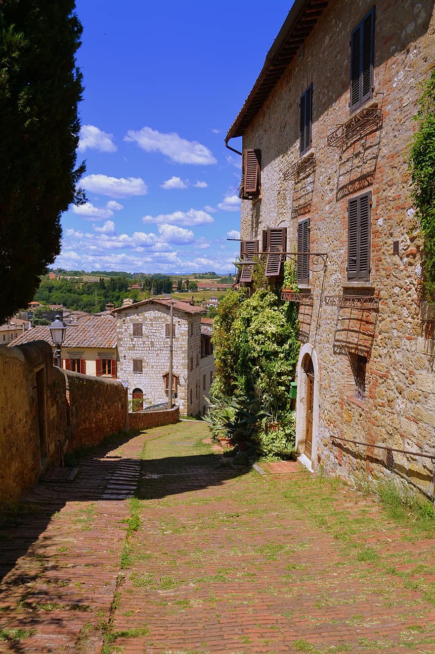 hạ xuống, nhà ở, đường, cỏ, màu xanh lá, Tường, cây, Colle di val d'elsa, tuscany, Nước Ý, du lịch