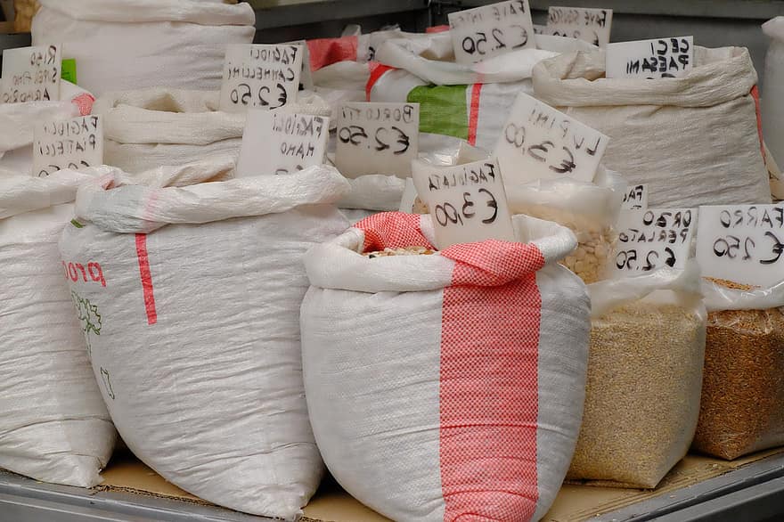 Rice, Market, Sale, Harvest, bag, food, stack, freshness, heap, close-up, variation