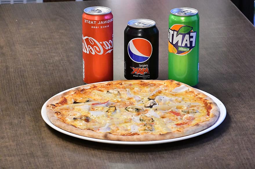 pizza, cola, fanta, mad, fastfood, hurtig, restaurant, snack, hed, ost, salami