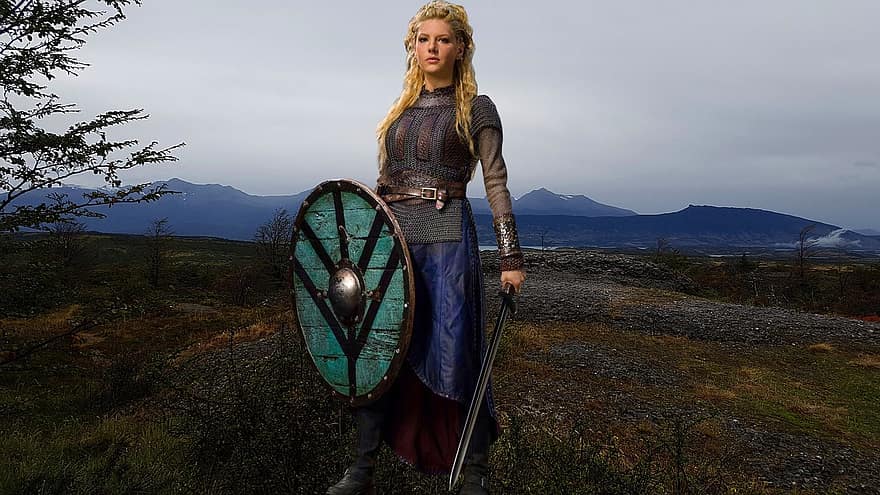 sieviete, vikings, karavīrs, fona, kalni, ielejā