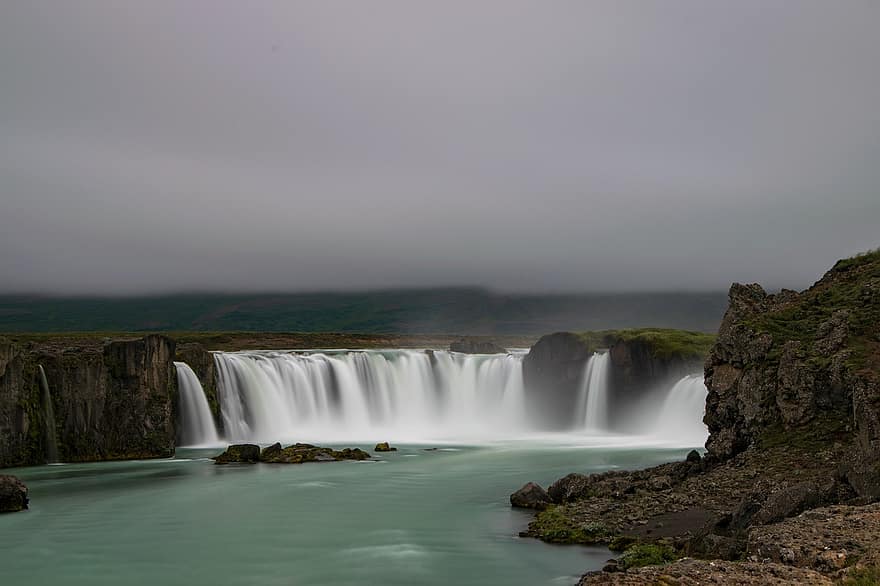 vízesés, Godafoss, Izland, természet, tájkép, víz, vízesések, drámai, hosszú expozíció, kövek, szikla