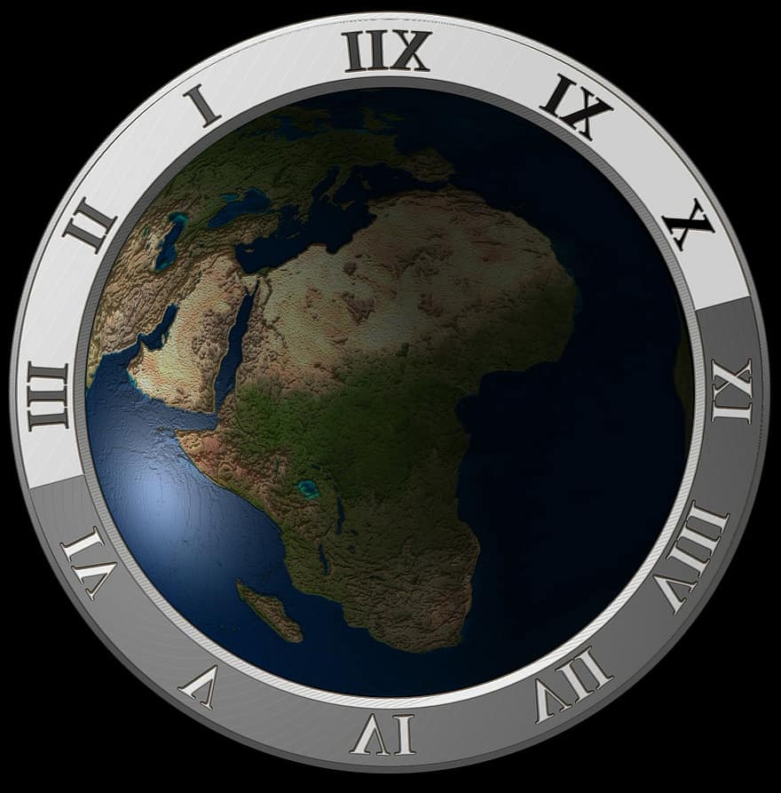 rellotge, dígits, marcar, pagar, terra, globus, món, planeta, continents, europa, asia