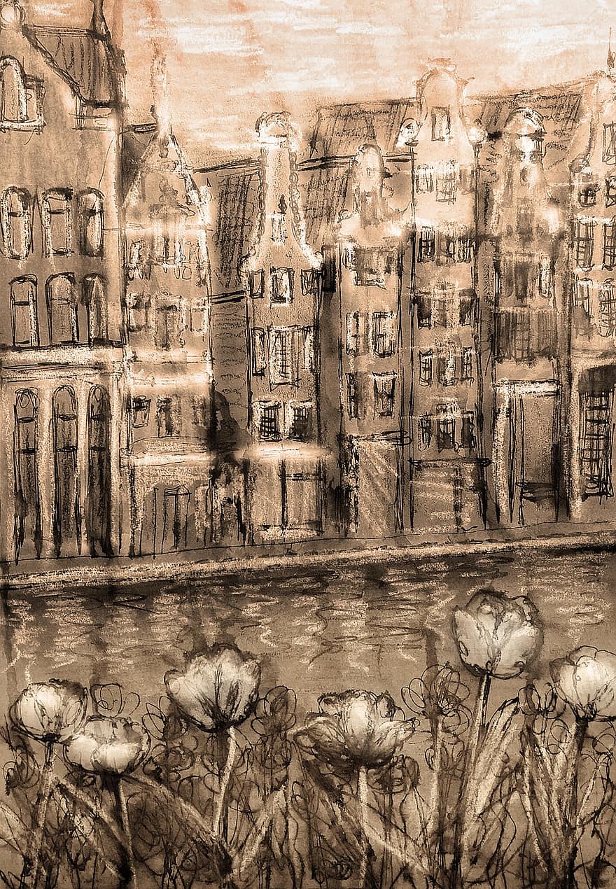 amsterdam, Holanda, Países Bajos, tulipanes, figura, bosquejo, canal, ciudad, arquitectura, edificio, turismo