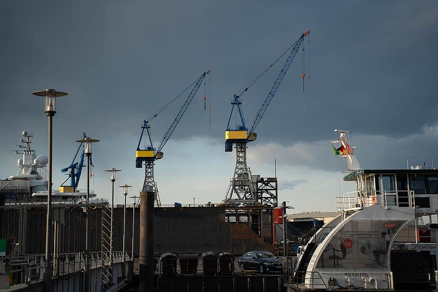 Cranes, Ships, Pier, Hamburg, Evening, Clouds, crane, construction machinery, industry, construction industry, commercial dock