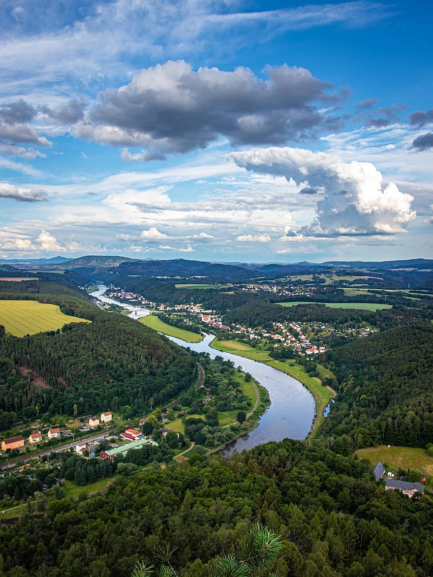 Sachsen, Landschaft, Elbsandsteingebirge, Deutschland, Natur, Himmel, Rock, Wald, Elbe, Ausblick, Aussicht