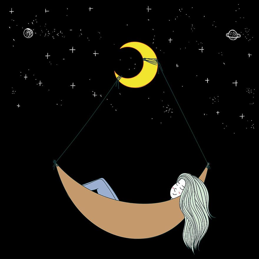 tyttö, nukkumassa, yötaivas, yö-, tähti, taivas, tähtikirkas, kuutamo, puolikuu, kuu, maailmankaikkeus