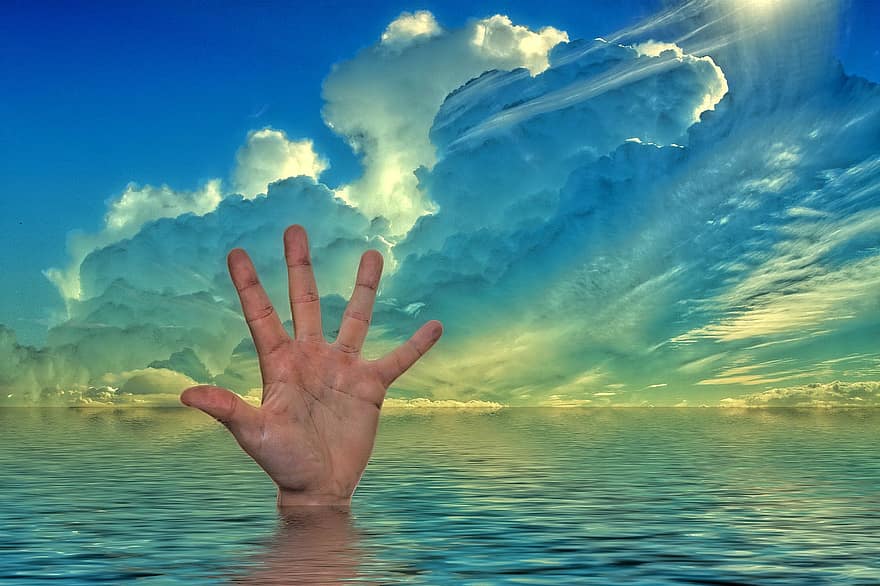 ranka, jūros, vanduo, banga, debesys, padėti, sutaupyti, skendimas, nustatymas, pirštu, mėlyna
