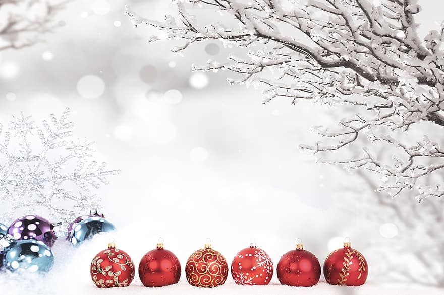 ornamenter, snø, tre, snøflak, jul, hilsen, vinter, dekorasjon, baller
