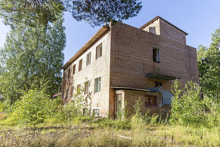 gebouw, verlaten, bomen, bladeren, planten, onkruid, spoor, fort, gereedschap, oorlog, reis