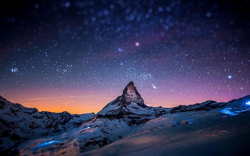montaña, nieve, cerros, estrellas, cielo, galaxia, pico de la montaña, noche, paisaje, Vía láctea, estrella