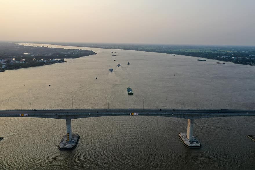 bro, elv, skip, solnedgang, skumring, Min Loi Bridge, båter, ettermiddag, transport, flybilde, vann