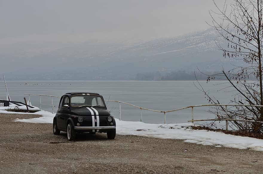 cotxe, carretera, llac, neu, hivern, vora del llac, vehicle, automàtic, automòbil, transport, boira