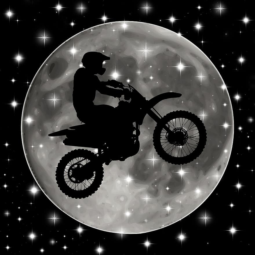 motocykl, zakrnět, kolo, muž, skok, dobrodružství, silueta, trik, cyklista, extrémní, styl