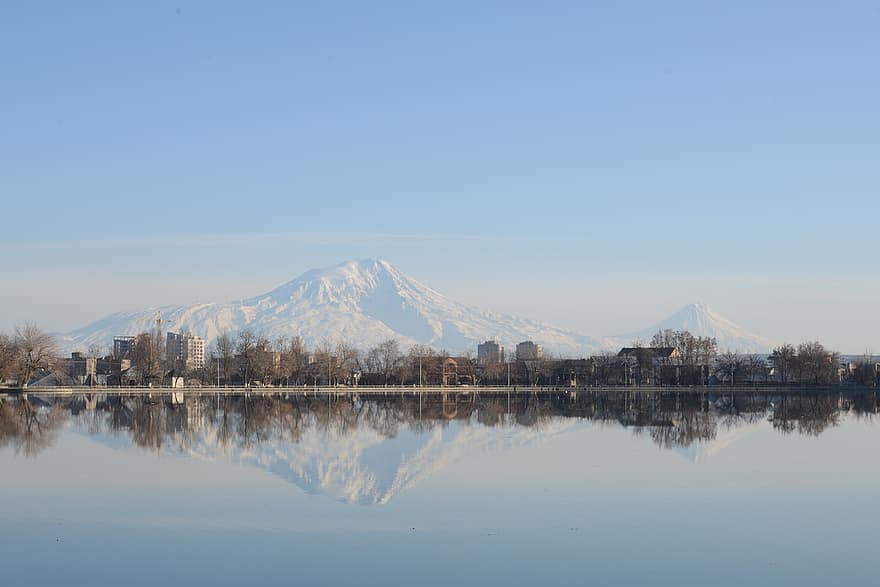 lac, Munte, montură, țară, coastă, mal, sat, reflecţie, mount ararat, Erevan, Vardavar