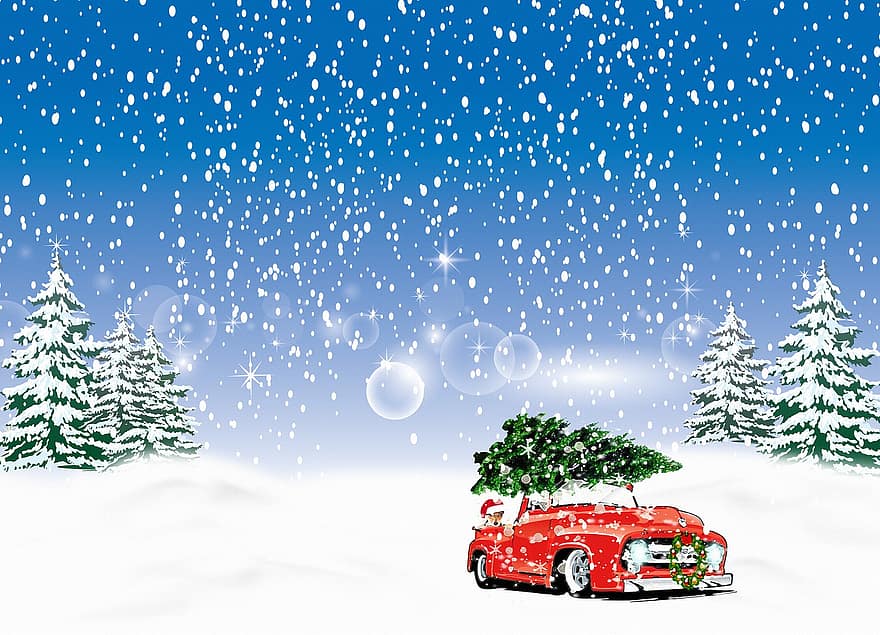 Kerst besneeuwde achtergrond, Kerstvrachtwagen met boom, vintage auto, kerst auto, sneeuw, bomen, Kerstmis, auto, antiek, Flitzer, oud