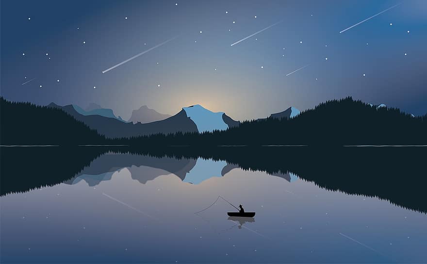 планини, езеро, нощ, лодка, падащи звезди, небе, риболов, вода, природа, звезди, планина