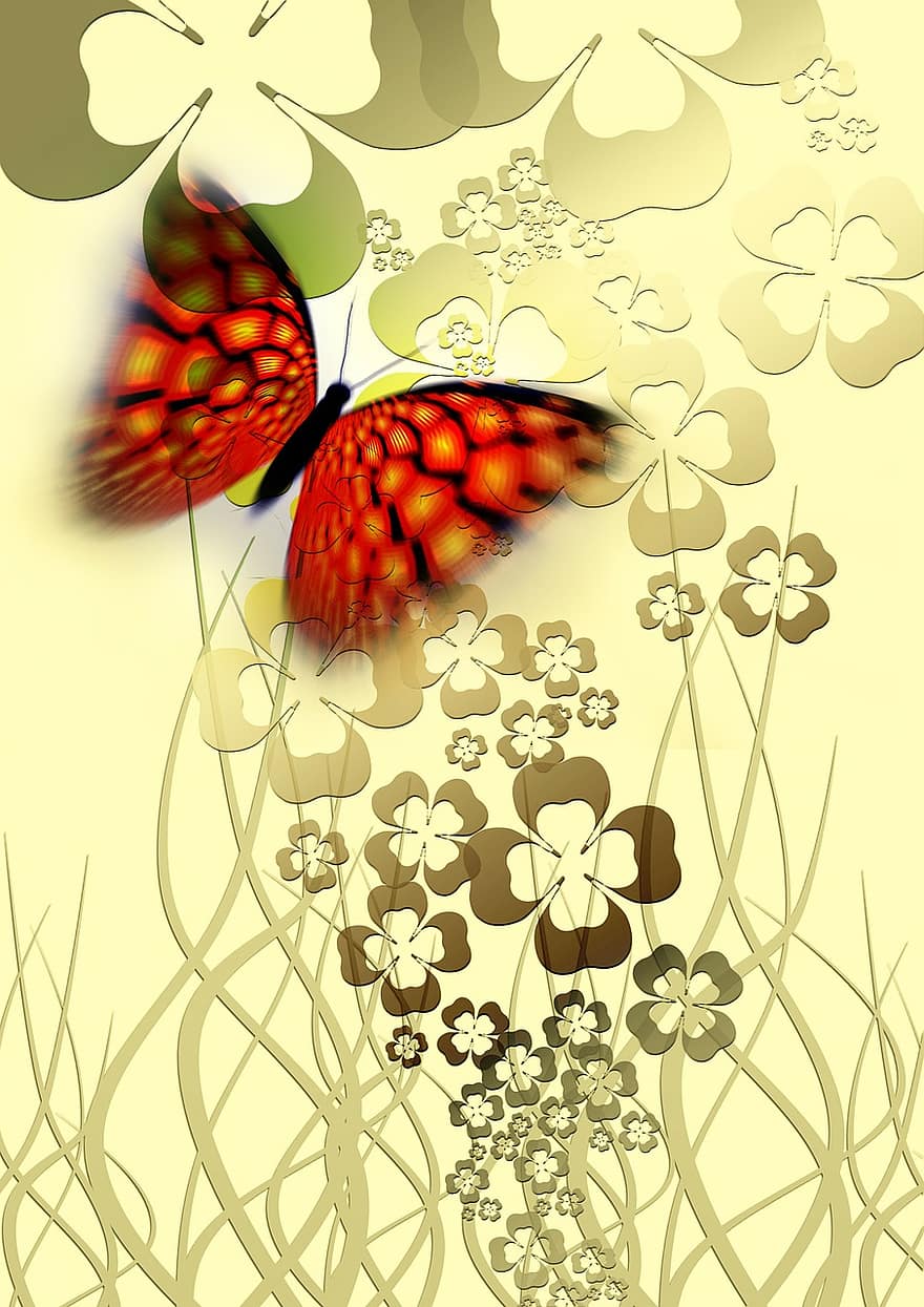 sommerfugl, Shamrocks, baggrund, blad, blade, blomster, flora, lykønskningskort