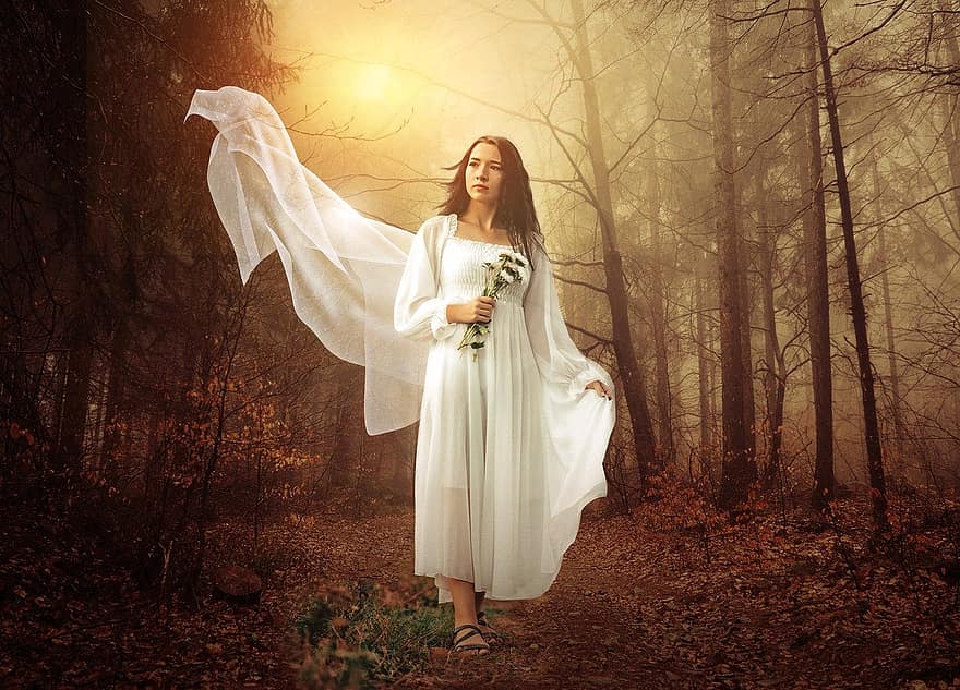 жінка, біле плаття, каштанове волосся, довге волосся, краса, ліс, сонце, туман, дерева, дорога, фантазія