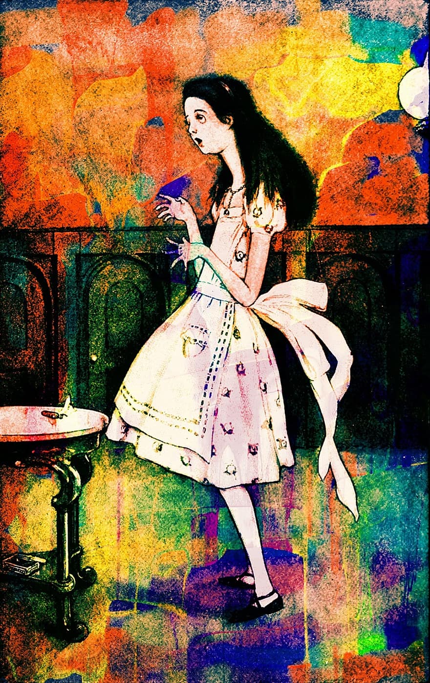 Vintage ▾, illustrazione del libro, Alice nel paese delle meraviglie, vecchio stile, vittoriano, grunge, vecchio, antico, inchiostro, macchia, incantata