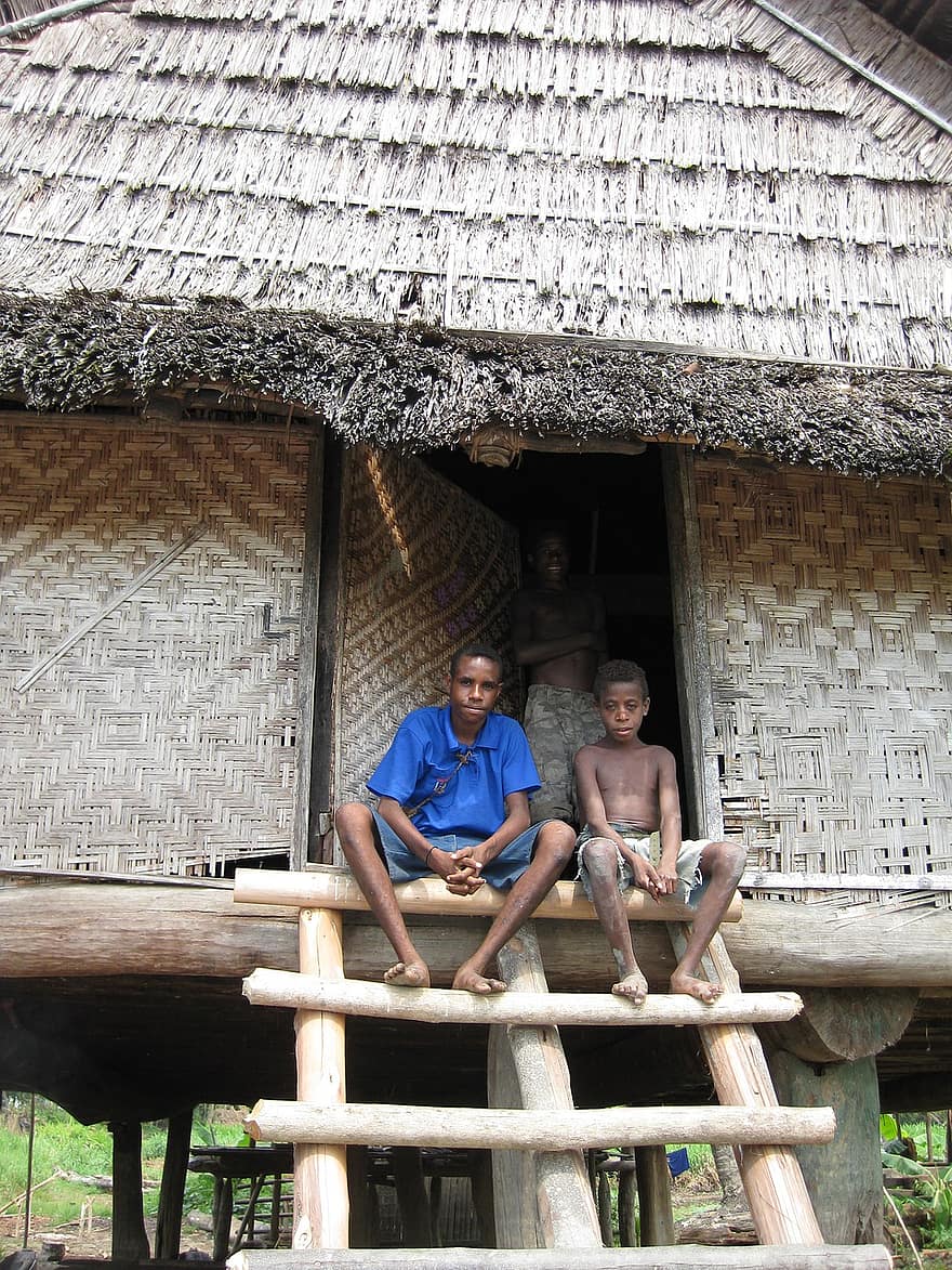 Papua Nya Guinea, hus, pojkar, ungar, barn