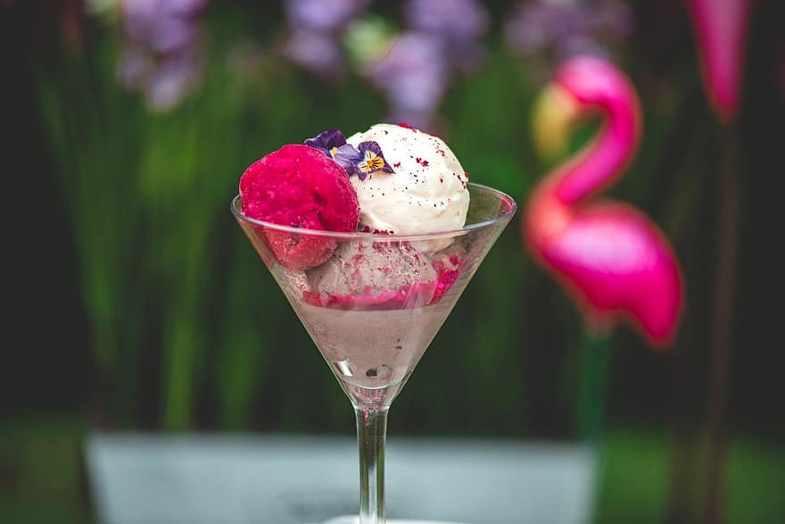 ice cream, glass, flowers