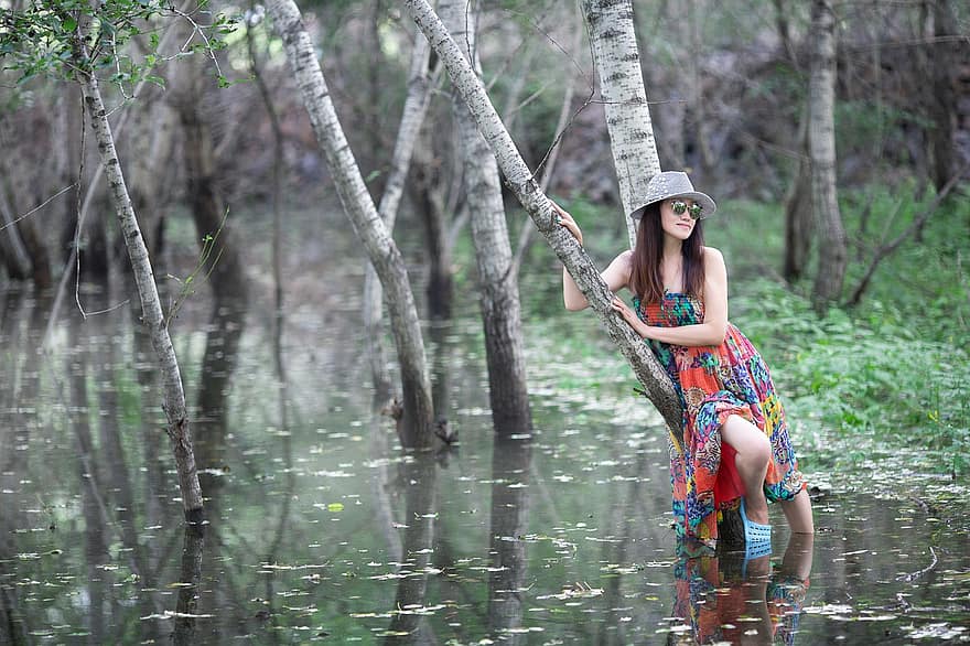 Kadın, mangrov ormanı, sulak, bataklık, doğa, KADIN, yaşam, yetişkin, bir kişi, orman, yaz