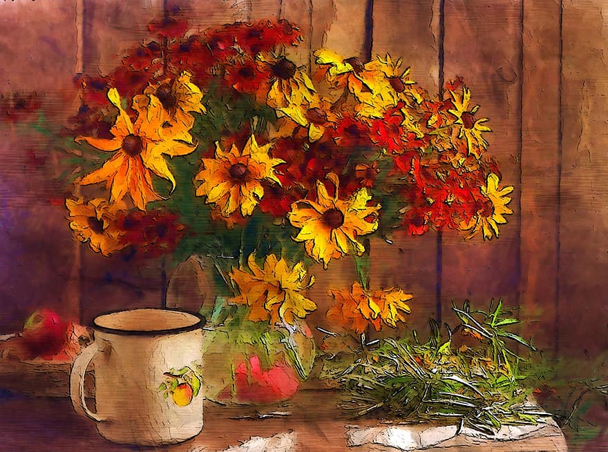 Autumn, Flower, Vase, Cup, Metal, Old, Vintage, Classic, Wood, Indoor, Soft