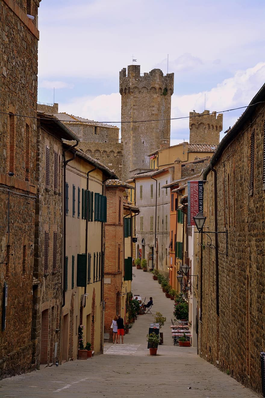 vicolo, torre, borgo, montalcino, Toscana, Italia