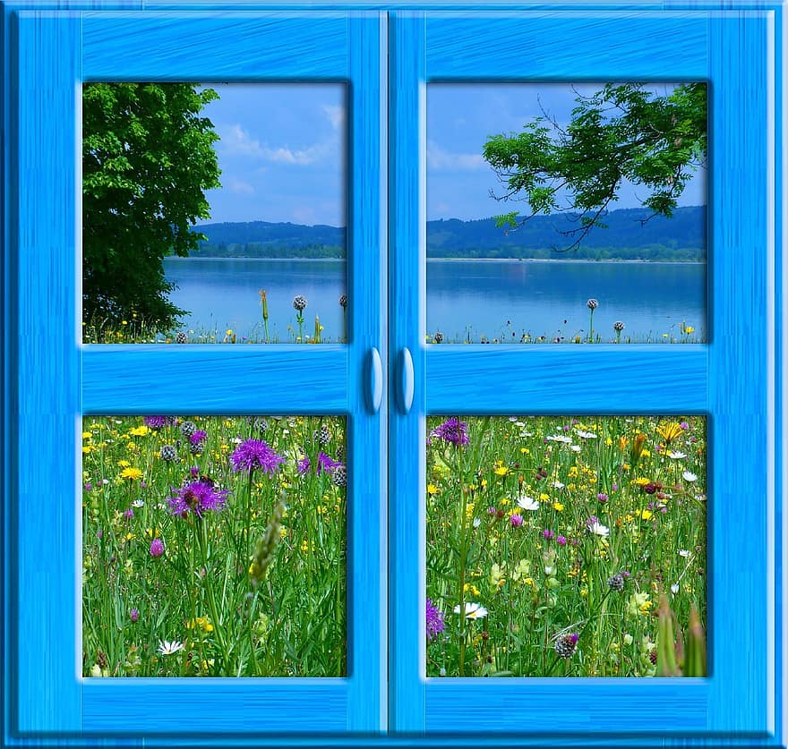 okno, Příroda, květiny, jezero, krajina, nálada