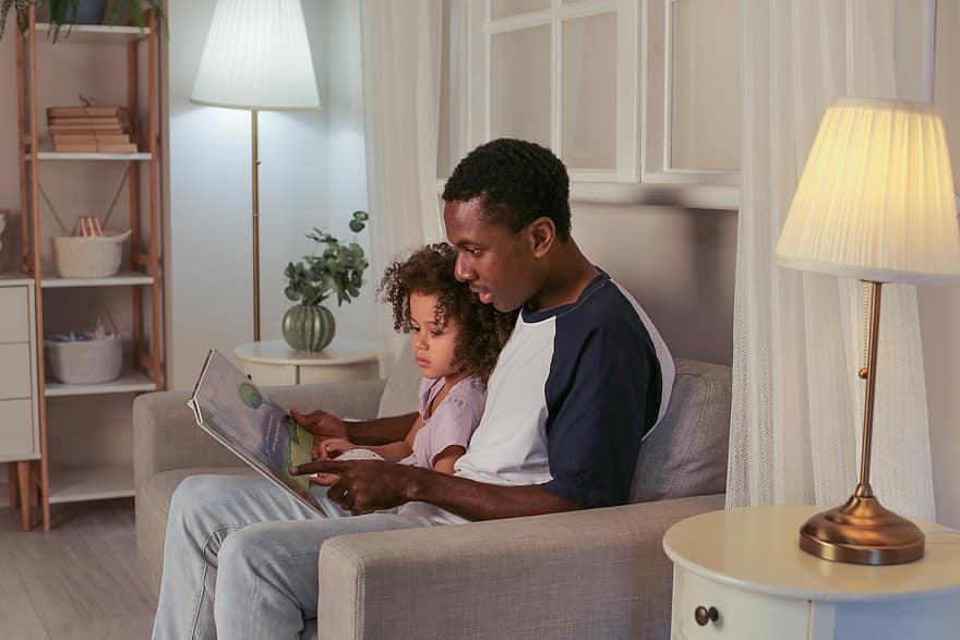 father, daughter, book, reading, black, child, home, storytime, indoors, dad, girl