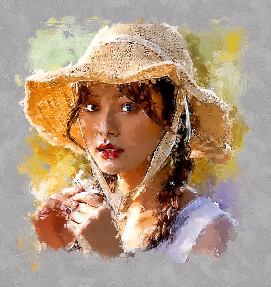 donna, giovane, cappello, femmina, asiatico, modello, pittura, creatività, opera d'arte