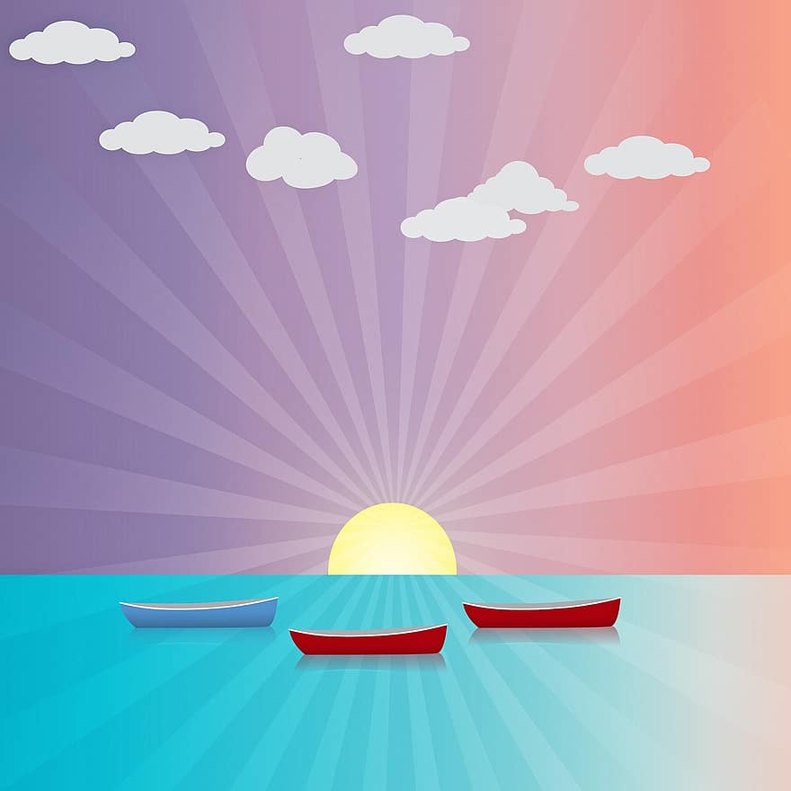 Sunset, Sea, Sun, Boats, Ocean, Water, Beach, Sky, Dusk, Sunrise, Nature