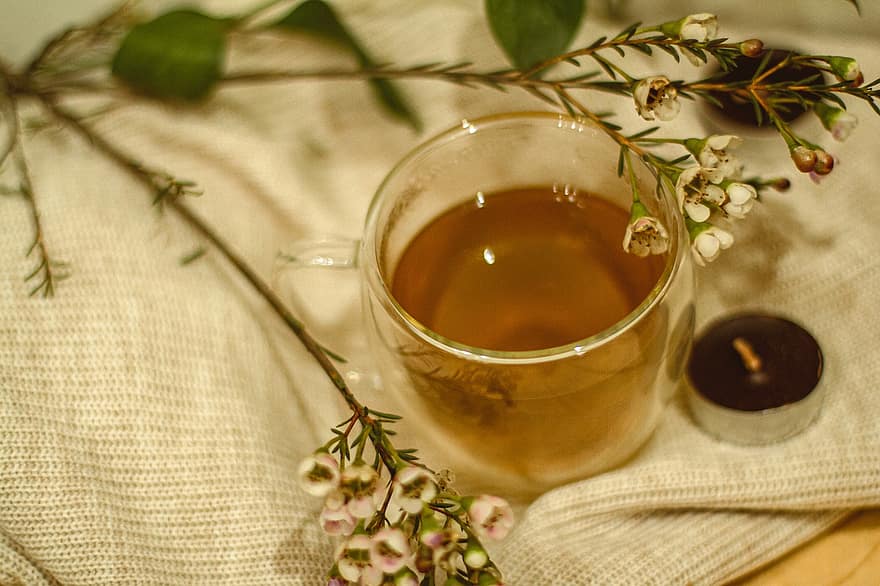 chá, copo, bebida, vidro, flores, vela, vela de chá, chá quente, rústico, fechar-se, origens