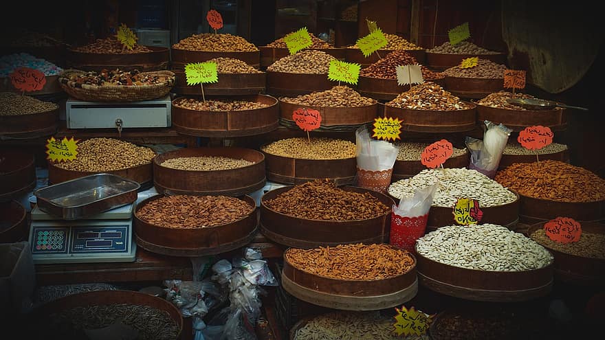 nozes, mercado, mercado de rua, Amã, Jordânia