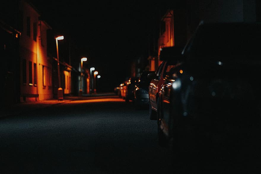 улица, нощ, път, автомобили, кола, трафик, тъмен, здрач, транспорт, градски живот, осветен