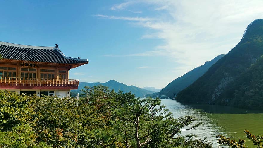 Lake, Mountains, House, Pagoda, Asia, Korea, Nature, River, Sky, Clouds
