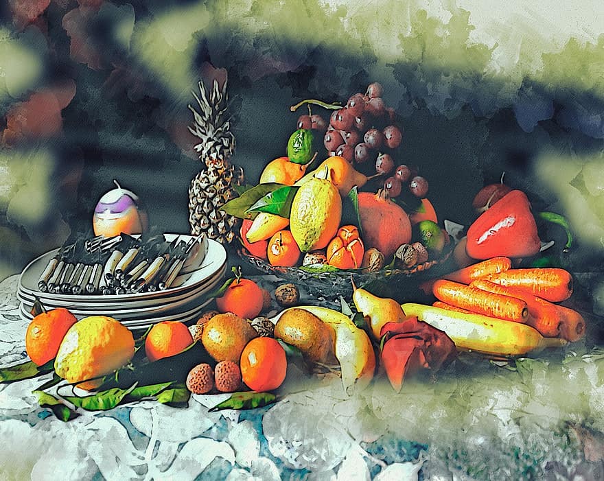 Food, Organic, Fruit, Orange, Lemon, Plate, Drawing, Painting