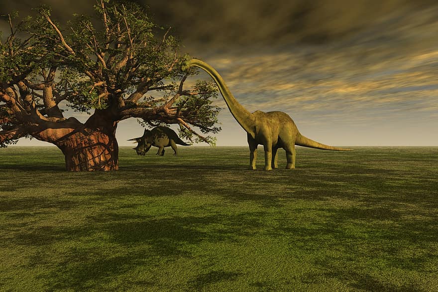 pré-histórico, história, extinto, brontossauro, dinossauro, animal, longo, pescoço, rabo, triceratops, árvore