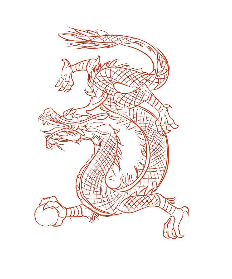 drak, design, čínština, východní, výkres