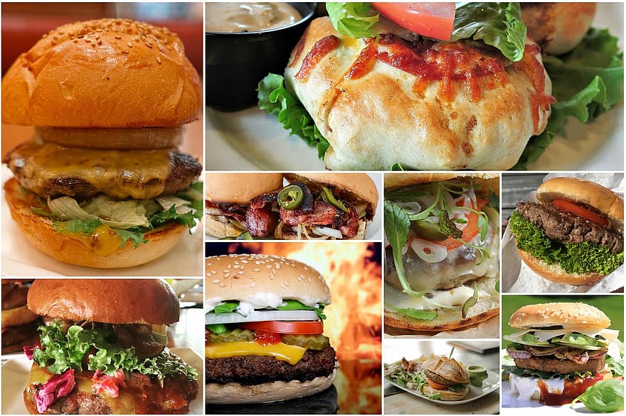 burger, hamburgare, collage, fotokollage, mat, lunch, måltid, middag, smörgås, ostburgare, utsökt