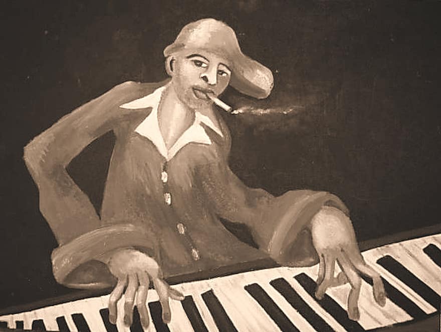 lukisan, warna coklat tua, pemain piano, Pemain Akrilik
