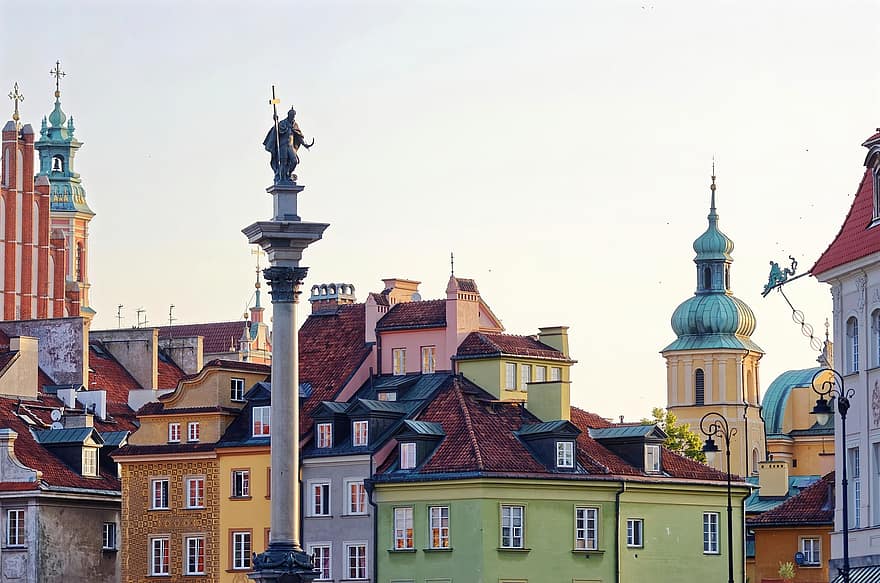 immeubles, monument, statue, les toits, paysage urbain, varsovie, vieille ville, l'histoire, église, cathédrale, les tours