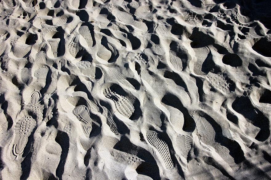 pegadas, mar, praia arenosa, areia, padronizar, duna de areia, origens, seco, fechar-se, panorama, ninguém
