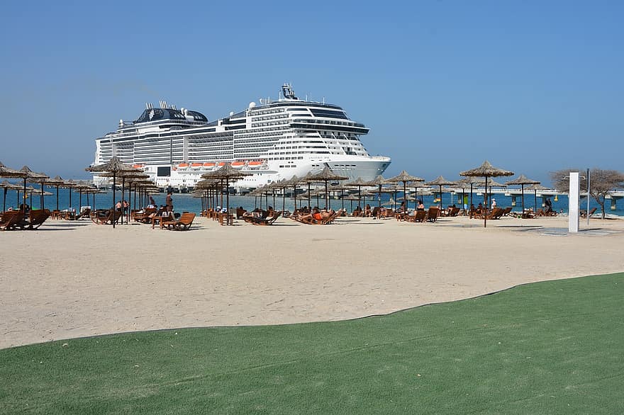 cruise skip, Strand, resort, skip, vannfartøy, ferie, strand paraply, kyst, havn, soling, hav