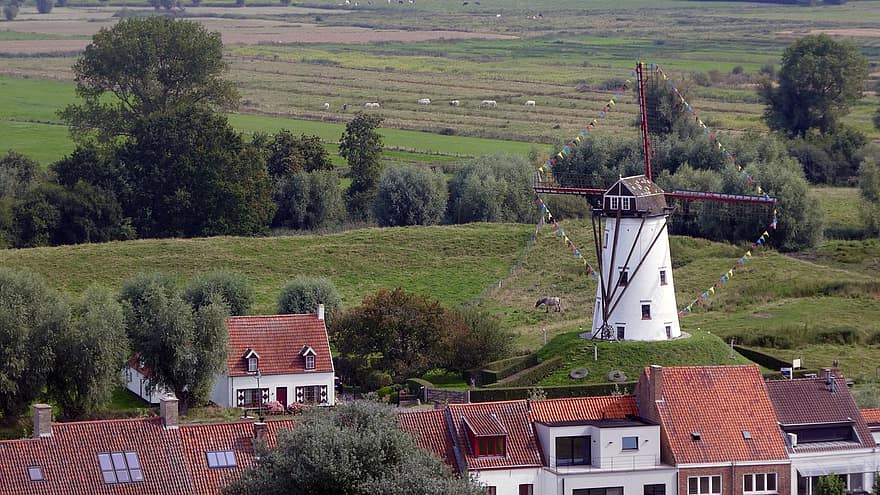 Bélgica, moinho de vento, aldeia, campo, damme, cidade pequena
